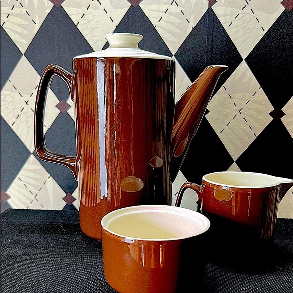 Vintage Chocolate Brown & Cream Coffee Pot Set – Mid-Century Modern Charm - Picture 3 of 6